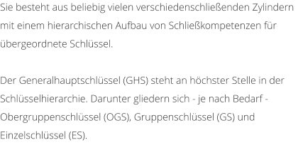 Sie besteht aus beliebig vielen verschiedenschlieenden Zylindern mit einem hierarchischen Aufbau von Schliekompetenzen fr bergeordnete Schlssel.  Der Generalhauptschlssel (GHS) steht an hchster Stelle in der Schlsselhierarchie. Darunter gliedern sich - je nach Bedarf - Obergruppenschlssel (OGS), Gruppenschlssel (GS) und Einzelschlssel (ES).