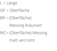L = Lnge OF = Oberflche BR = (Oberflche)           Messing bruniert MC= (Oberflche) Messing          matt vercromt